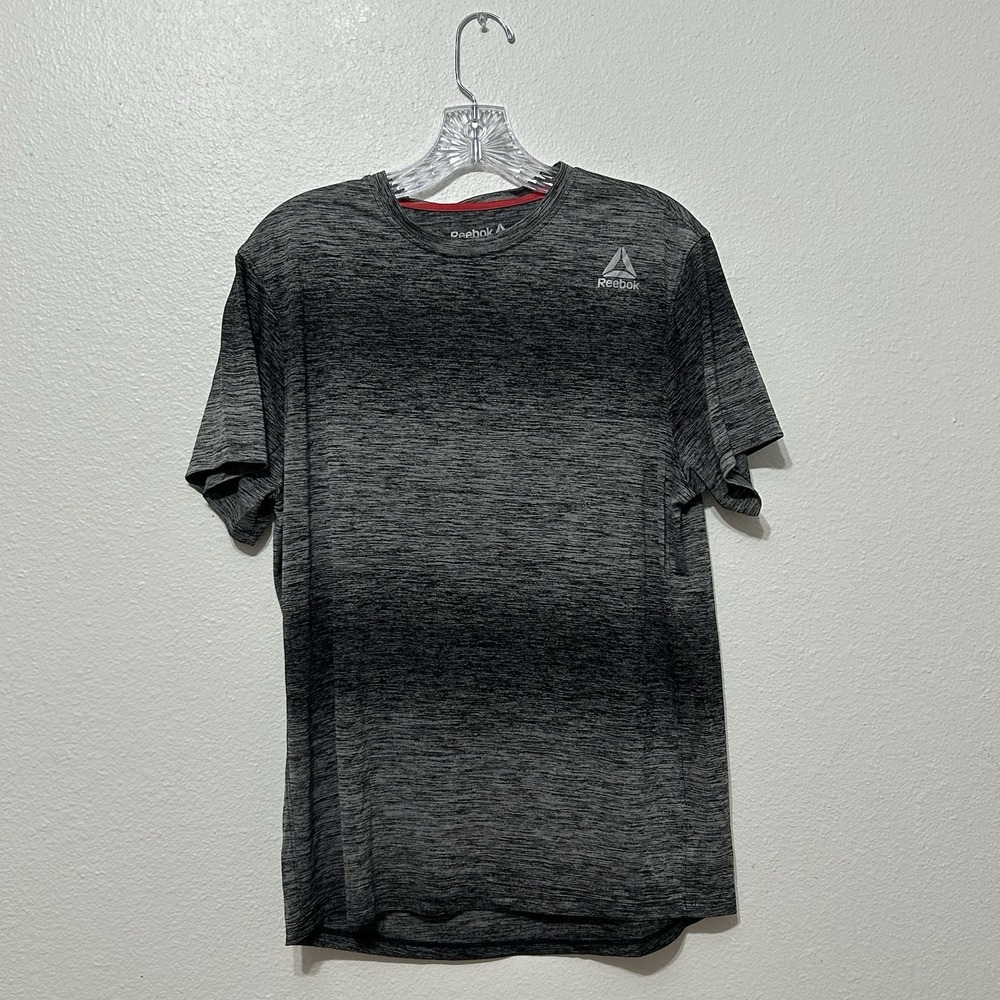 Reebok Gray & Black Striped Athletic Moisture Wicking T Shirt Men's Size Medium